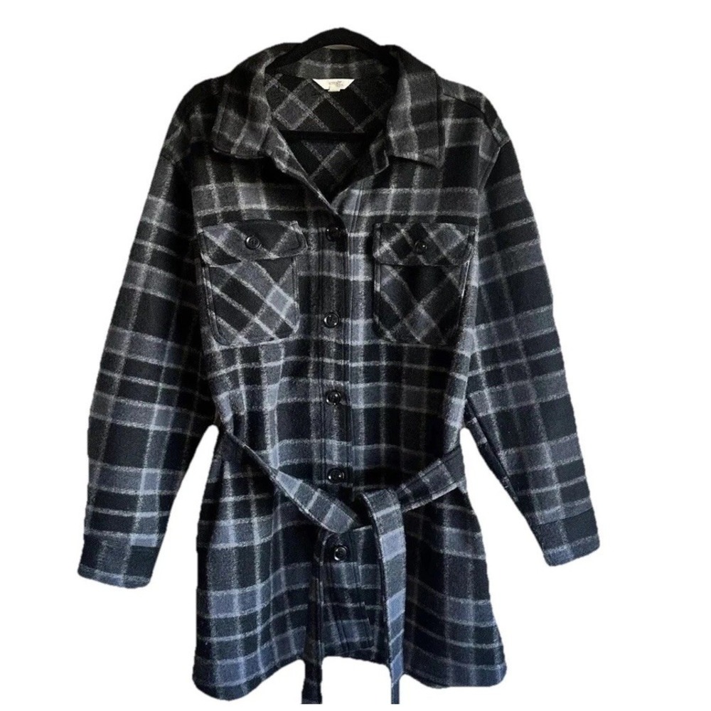 Terra &‎ Sky Womens 1X Black Plaid Button-up Coat Long Sleeve Tie Waist Shacket